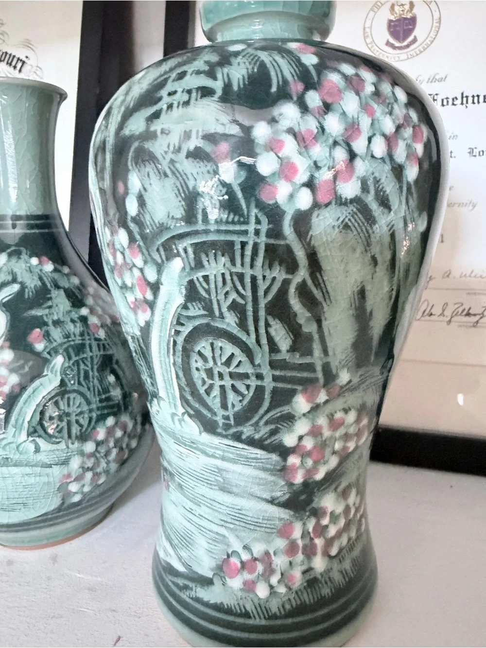 Vintage Korean Haegwang Celadon Sanggam Vase Pair w/ Certificate